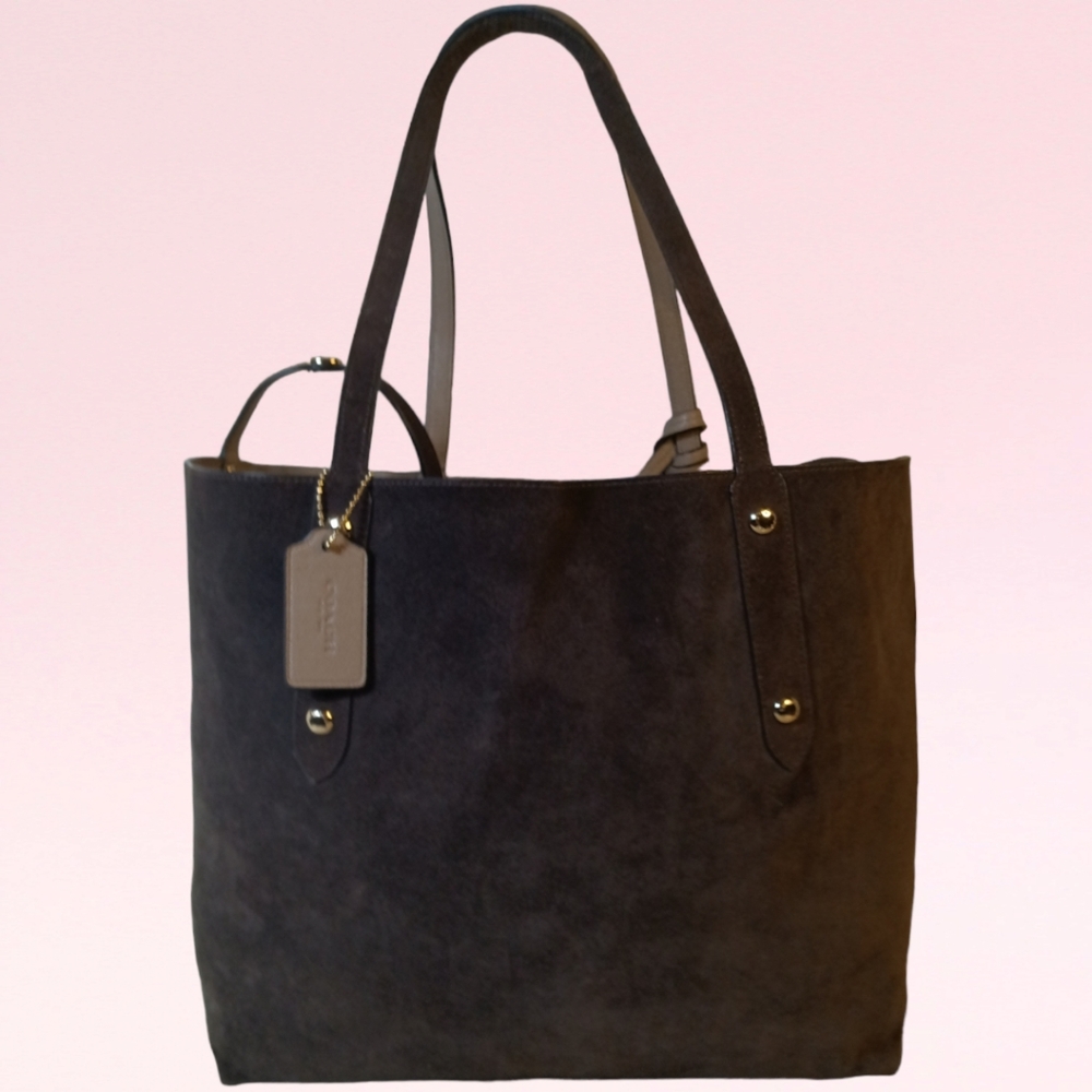 Coach Dark Brown & Cream Reversible Leather Suede Large Market Tote Bag Purse
